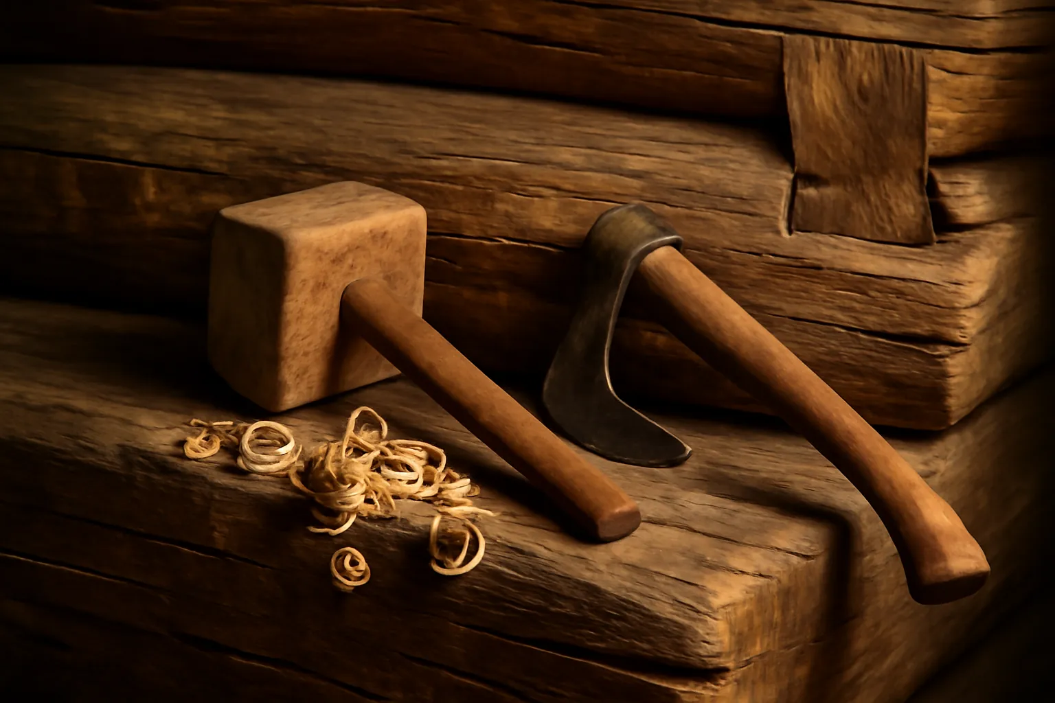 Détail d'un assemblage en rondins traditionnels sibériens montrant les marques de hache et la patine du bois centenaire