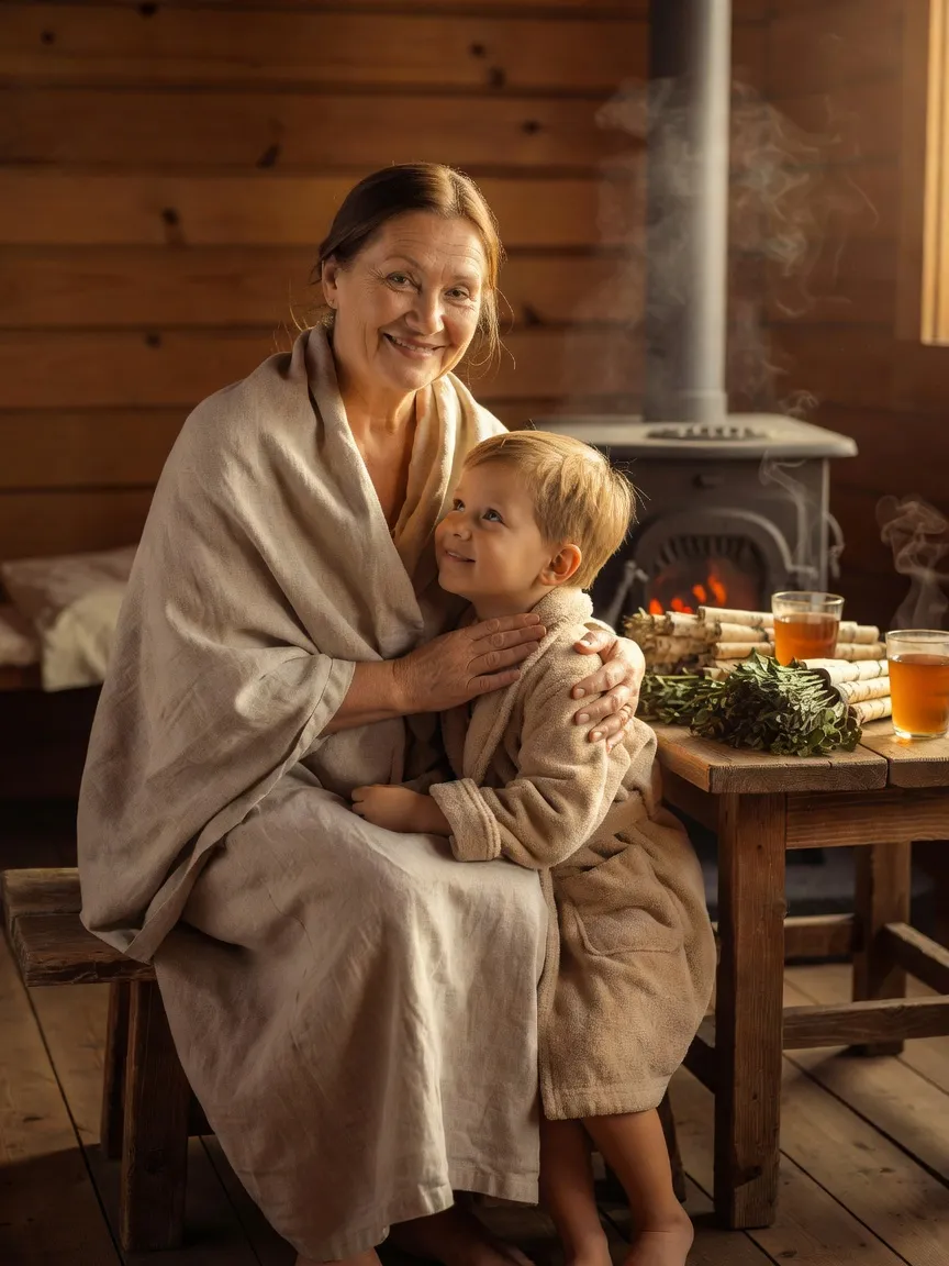 Grand-mère russe enveloppée d'un drap de lin tenant tendrement son petit-fils près du poêle, veniki de bouleau et thé sur la table