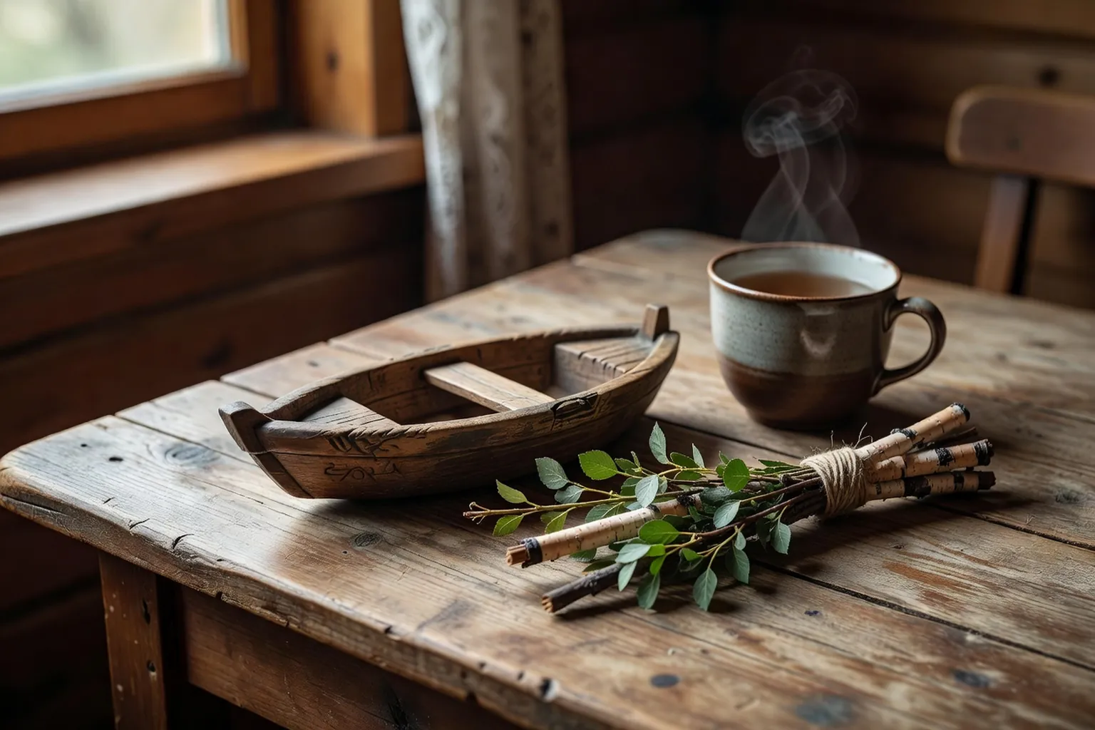 Enfant assis sur un banc bas de banya aux côtés d'un adulte, ambiance de vapeur douce et de bois clair