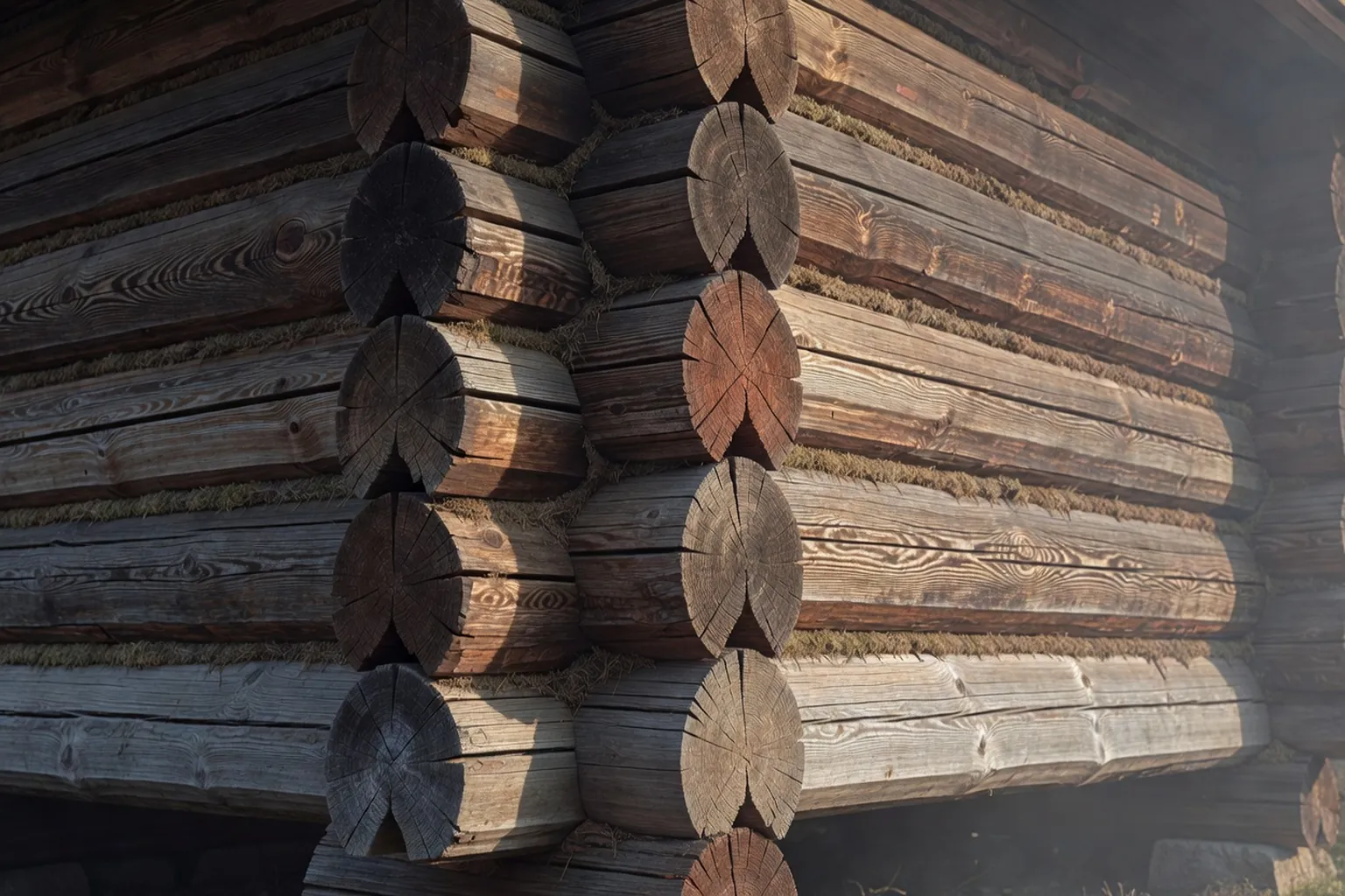 Assemblage de rondins de bois empilés, technique du srub, sur une banya en construction