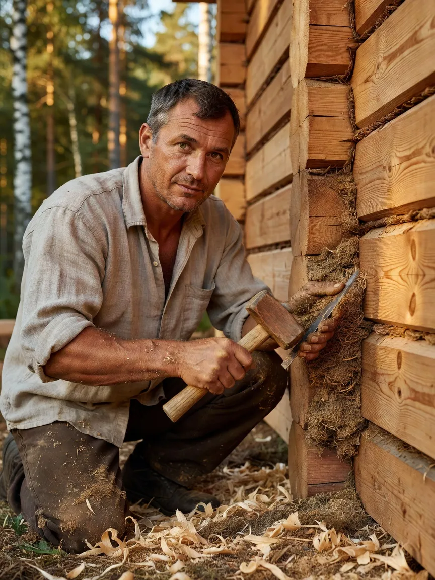 Artisan russe calfeutrant les jumelles de mousse entre les rondins d'une banya en construction