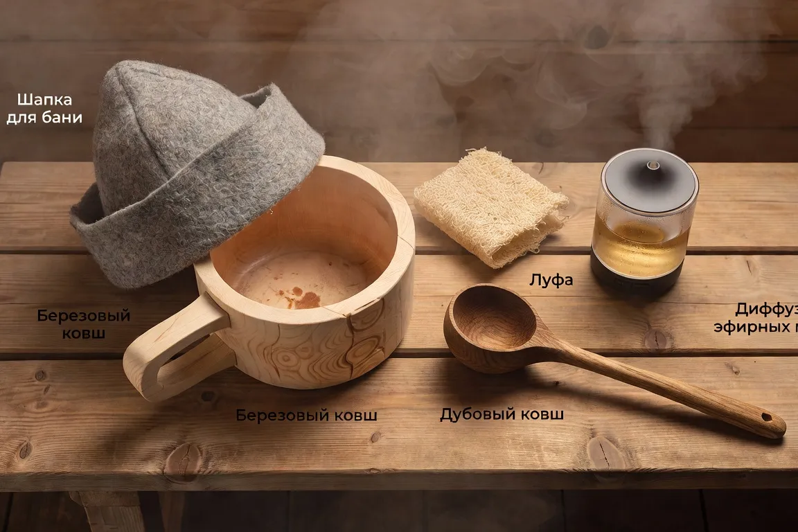 Petit baquet en bois avec louche à côté d'un thermomètre en verre, fond de planches de pin