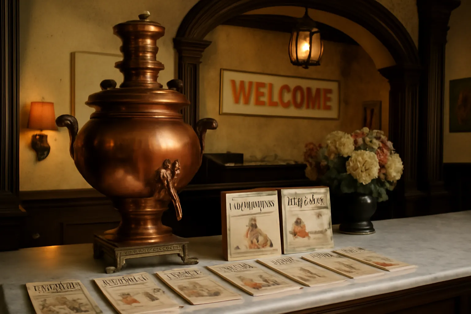 Comptoir d'accueil d'un bain russe franco-russe avec samovar et brochures bilingues