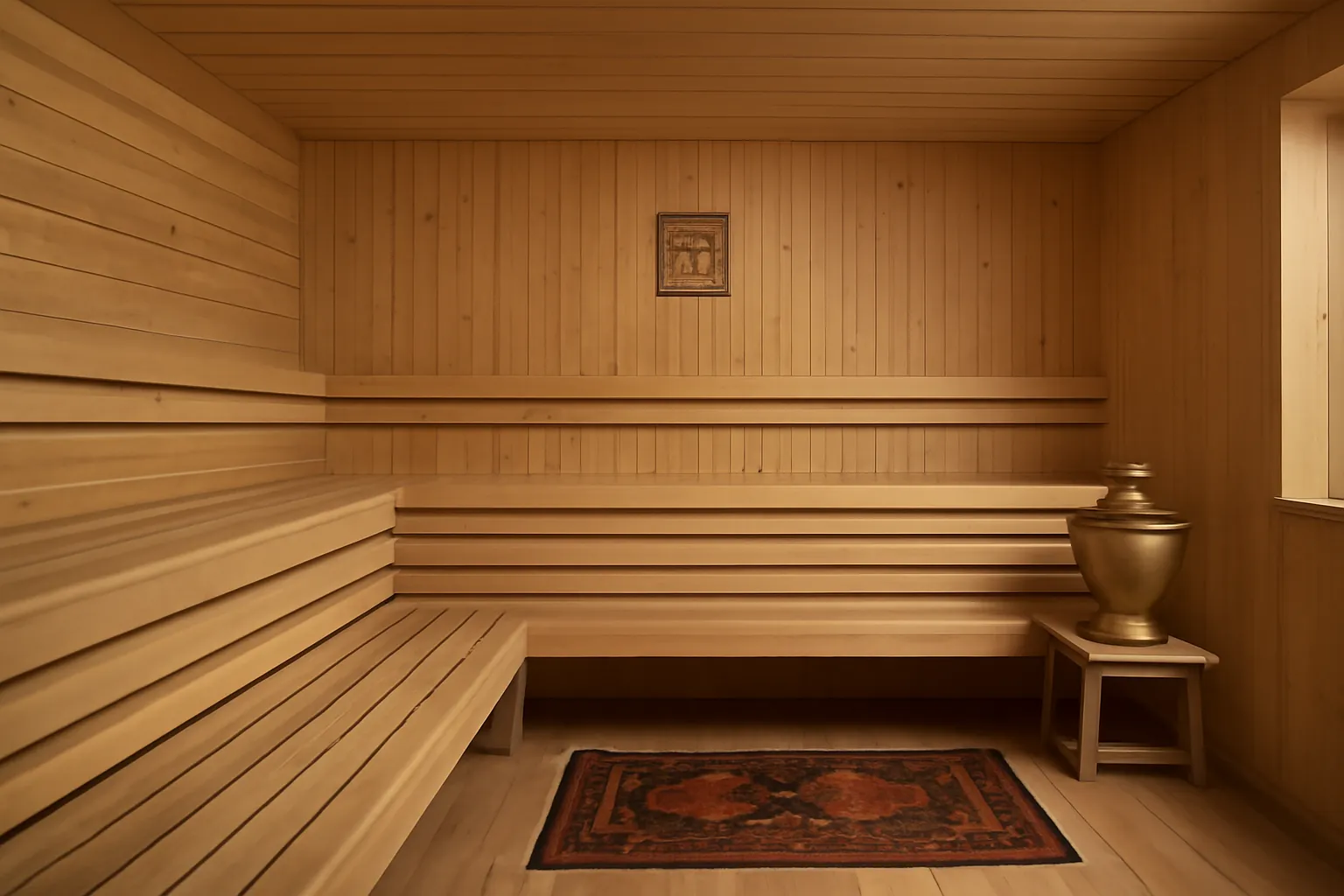 Intérieur contemporain d'un bain russe à Paris avec bois clair et touches slaves discrètes