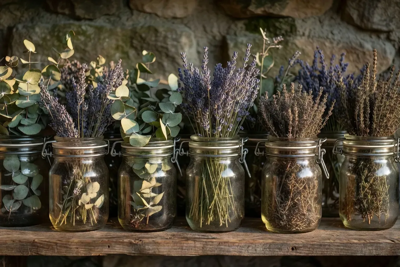 Bocaux en verre remplis d'herbes séchées (eucalyptus, lavande, thym) sur une étagère en bois, lumière dorée