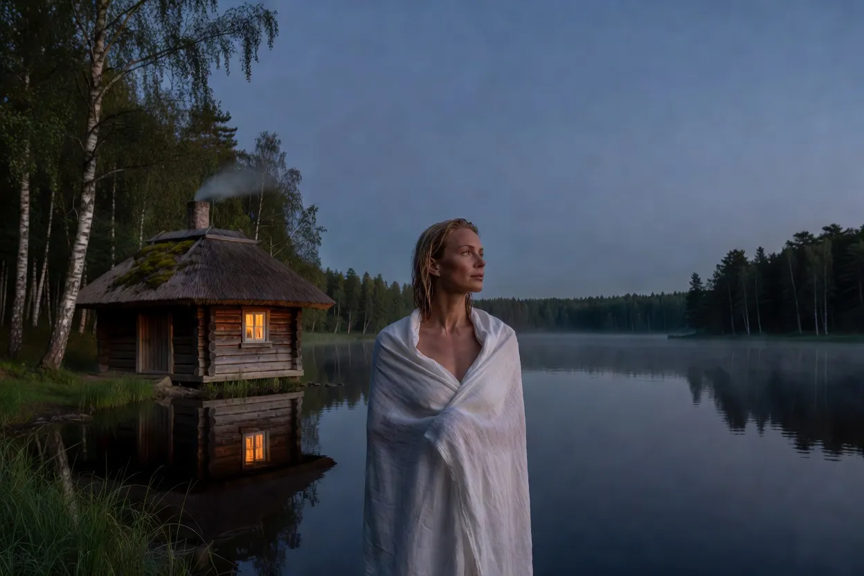 Petite maison de bain pirtis lituanienne en bois au bord d'un lac forestier au crépuscule, lumière chaude à la fenêtre, brume sur l'eau, femme enveloppée d'un drap de lin au bord de l'eau