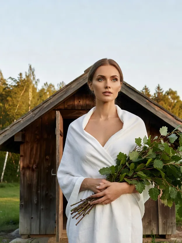 Femme lettonne adulte enveloppée d'un drap de lin blanc devant une maison de bain pirts en bois, tenant un bouquet de branches de bouleau et de chêne