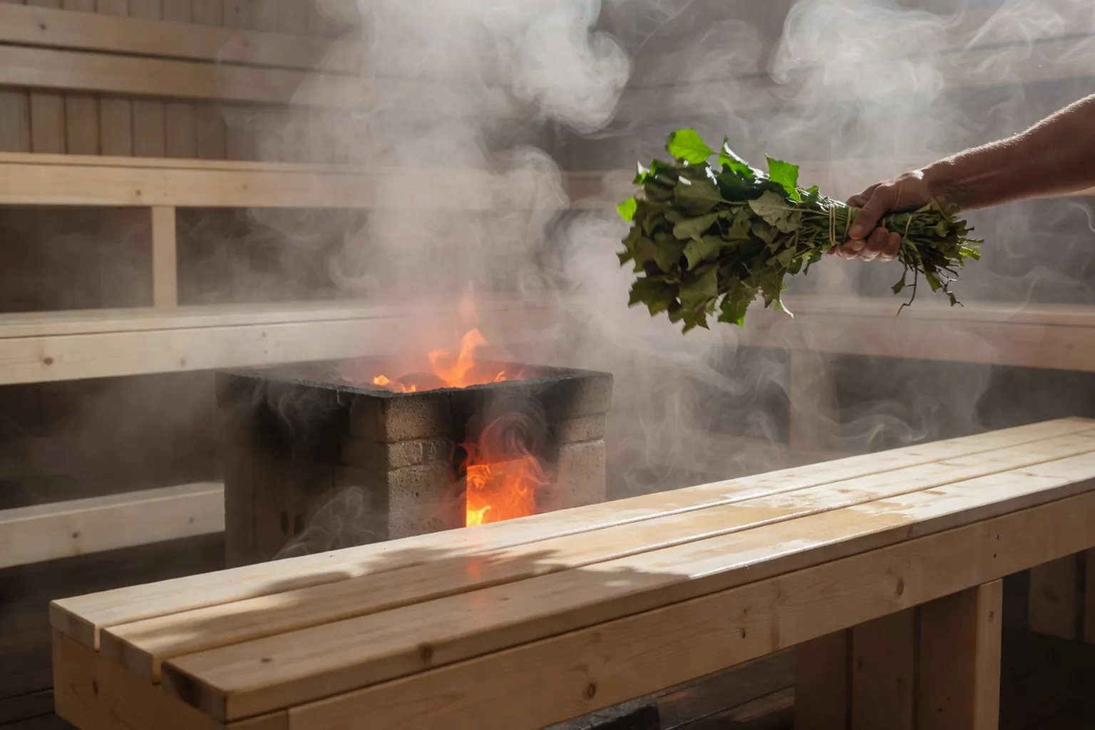 Vue intérieure d'une banya russe en activité, bancs en bois clair, kamenka rougeoyante au centre, vapeur dense diffusant la lumière