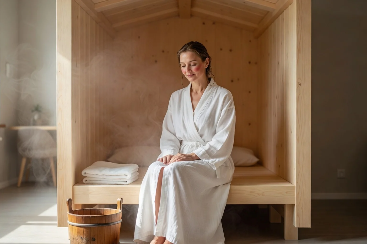 Femme russe en peignoir de bain blanc assise dans une cabine de sauna compacte en bois clair installée dans un salon d'appartement moderne, seau en bois et serviettes pliées