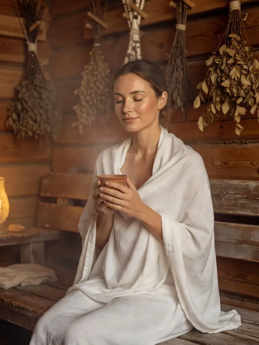 Femme enveloppée dans un drap de lin dégustant une tisane après une séance de banya, illustrant la baisse du cortisol et la détente post-sudation