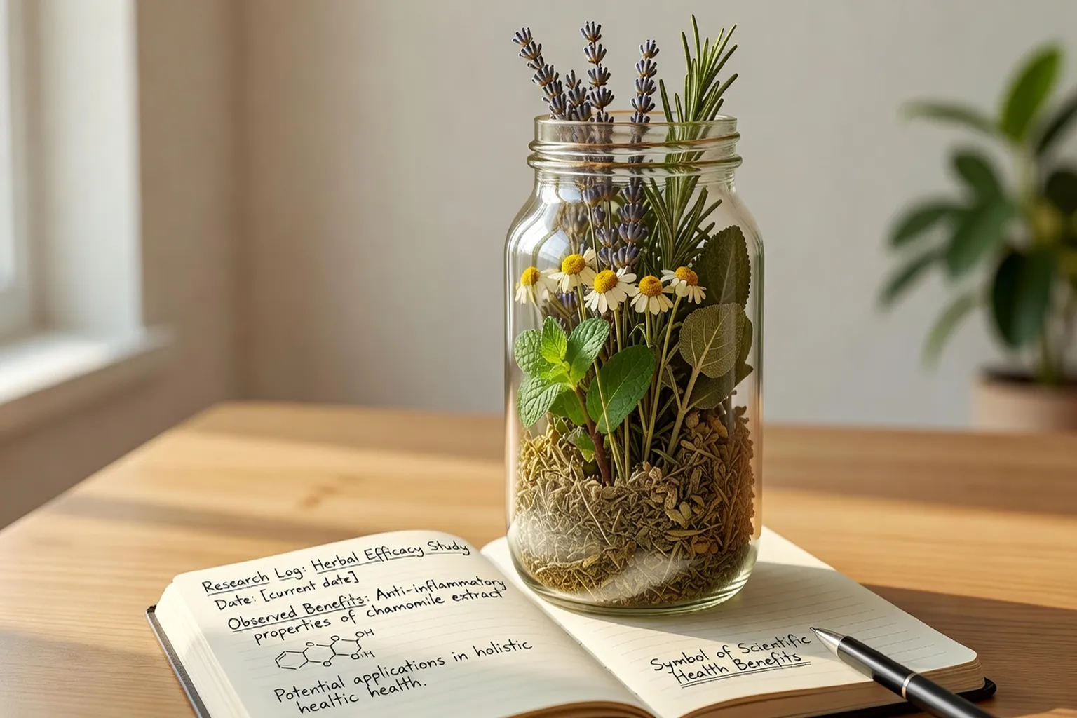 Flacon avec plantes médicinales et carnet de recherche scientifique ouvert — symbole des bienfaits santé documentés de la banya