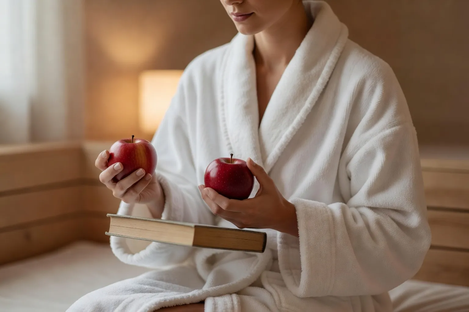 Personne en robe de banya tenant une pomme et un livre — symbole des bienfaits santé naturels documentés