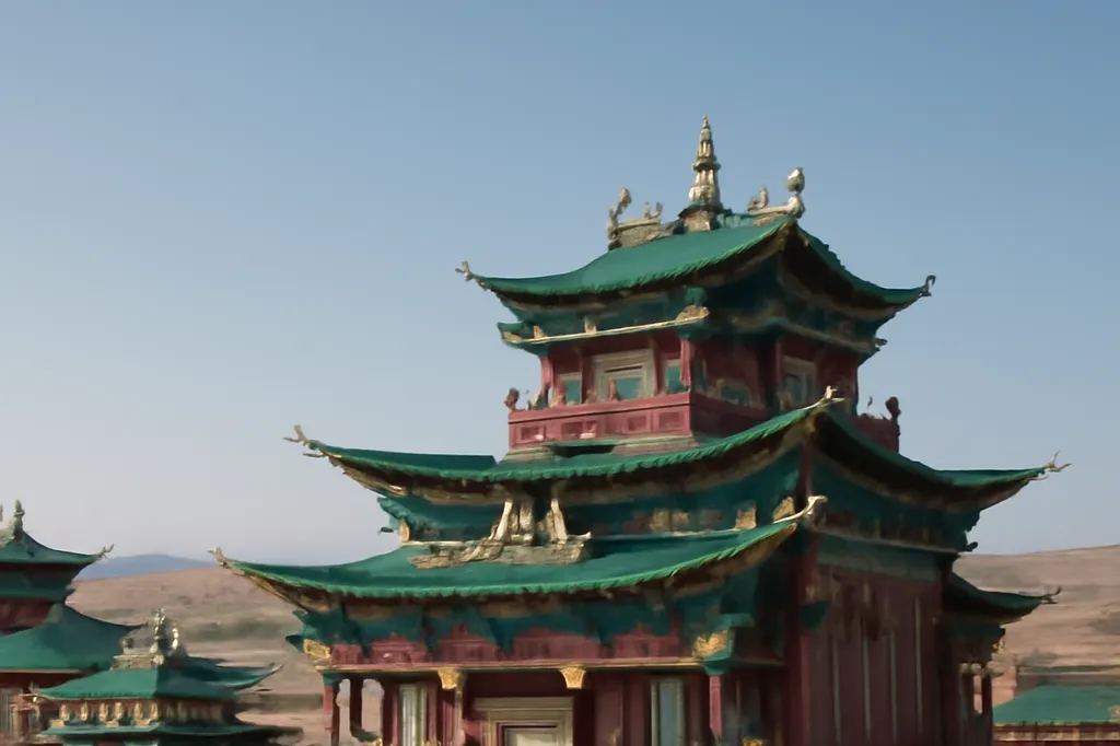 Datsan bouddhiste bouriate avec toits colorés et drapeaux de prière, paysage de steppe environnant
