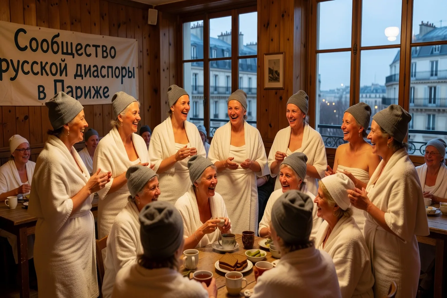 Groupe d'habitués dans le prédbannik d'une banya parisienne — table en bois, verres de thé, conversation animée en hiver