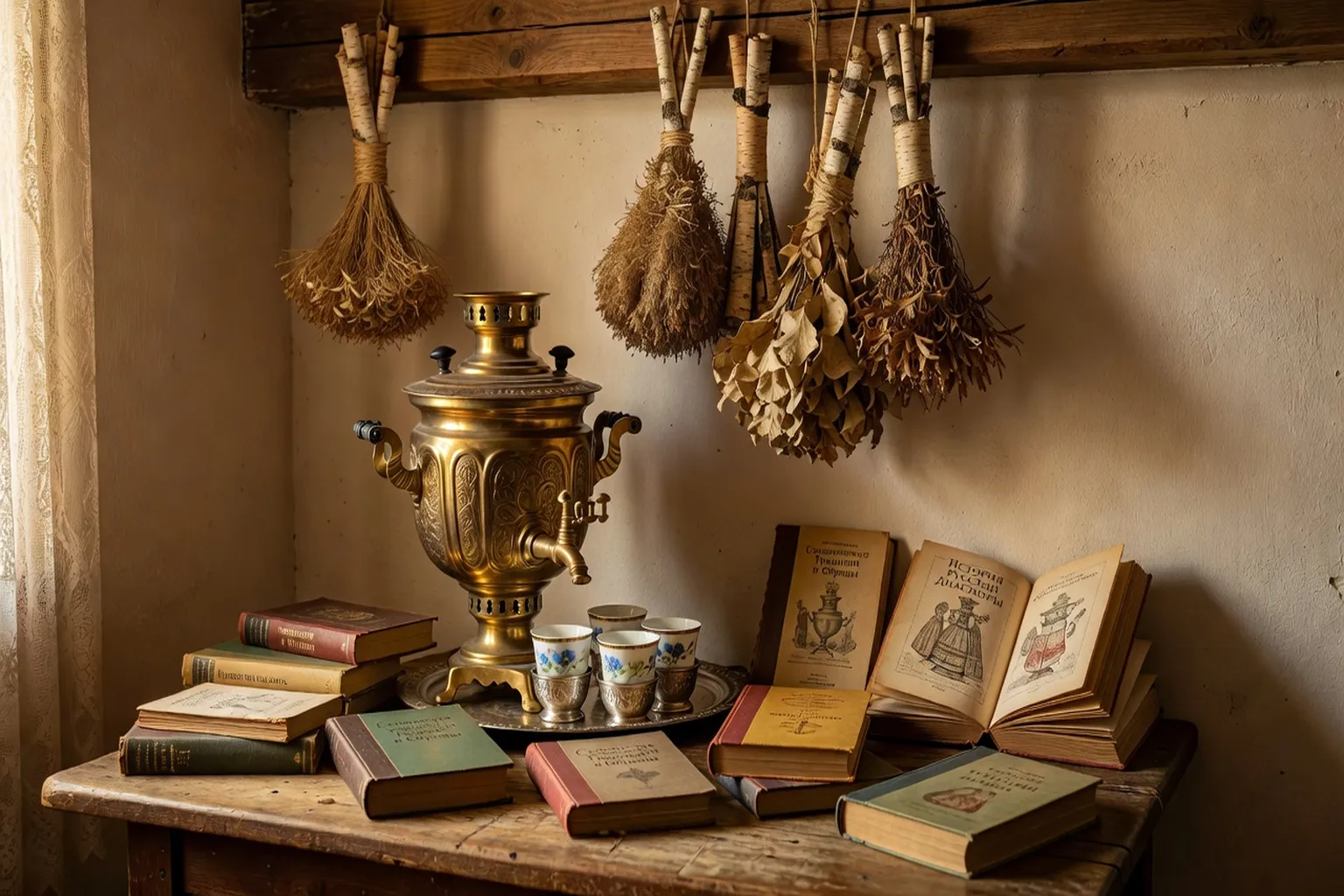 Intérieur chaleureux d'une banya parisienne — bois naturel, serviettes empilées, petite icône décorative, samovar sur une étagère