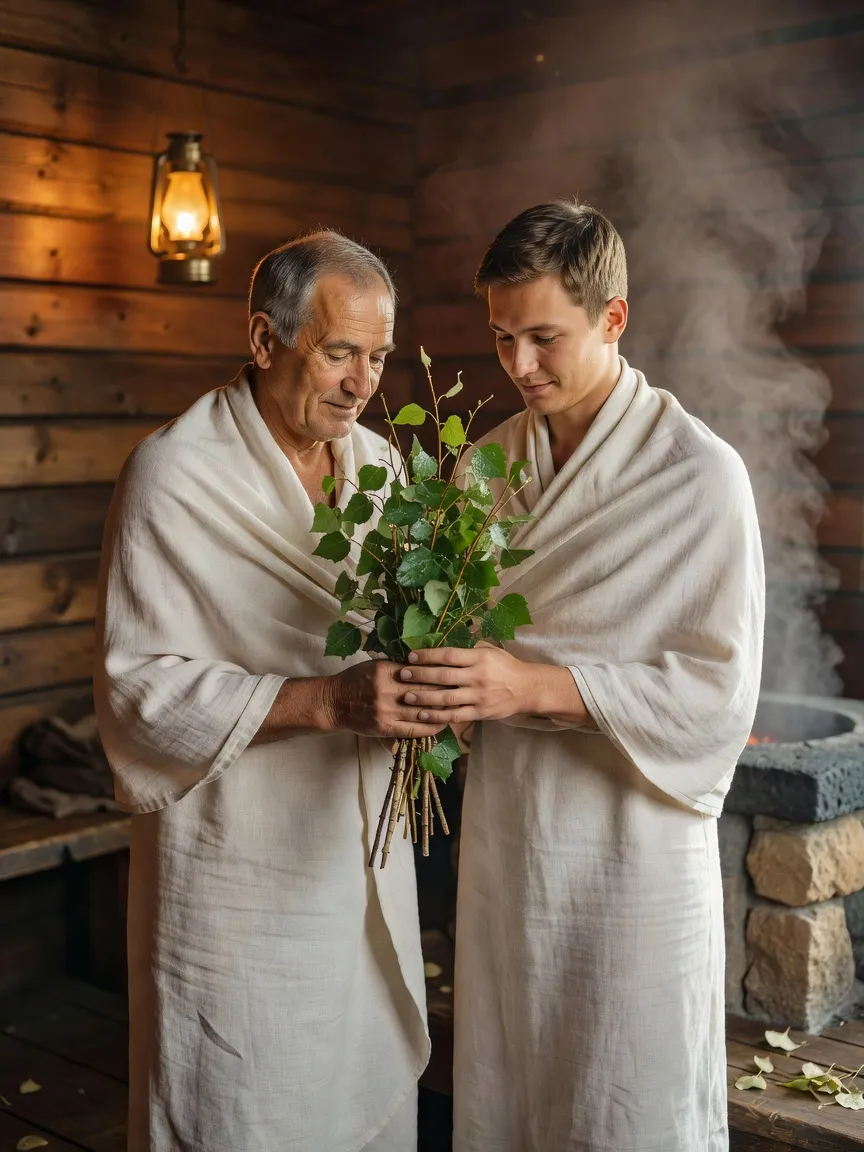 Un homme russe âgé enseigne à son fils adulte le geste du veniki dans une banya en bois, tous deux enveloppés de draps de lin