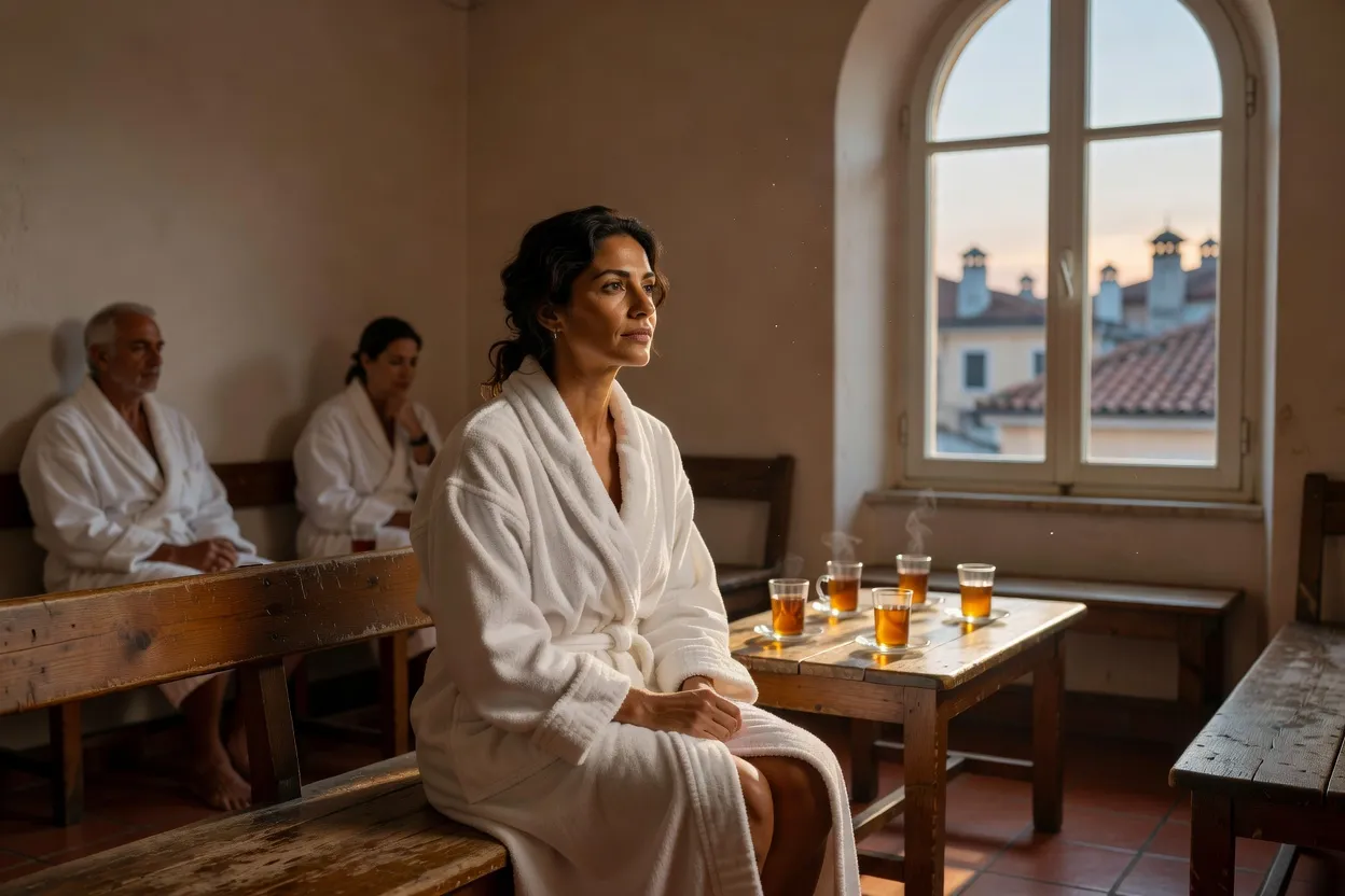 Salle de repos d'un bain urbain europeen : bancs de bois, verres de the fumants sur une table basse, baigneurs en peignoir, toits mediterraneens visibles par la fenetre