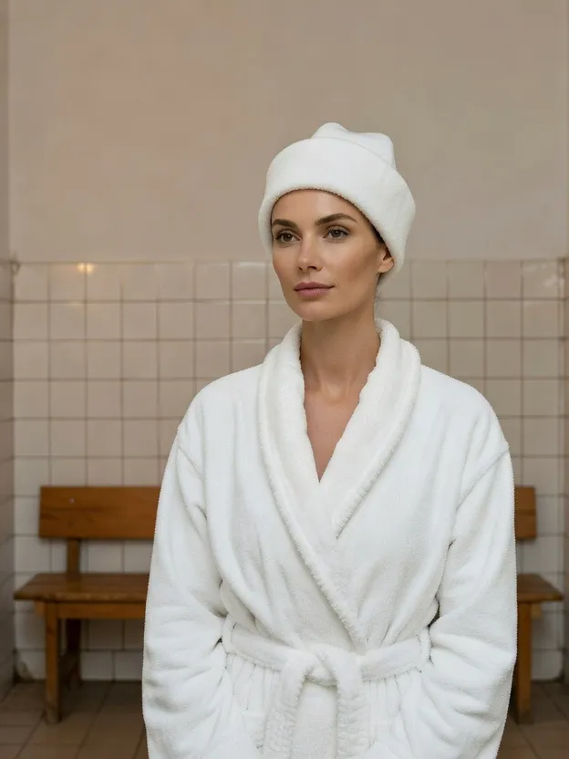 Femme adulte en peignoir blanc et bonnet de feutre de banya dans le couloir carrele d'un bain urbain ancien