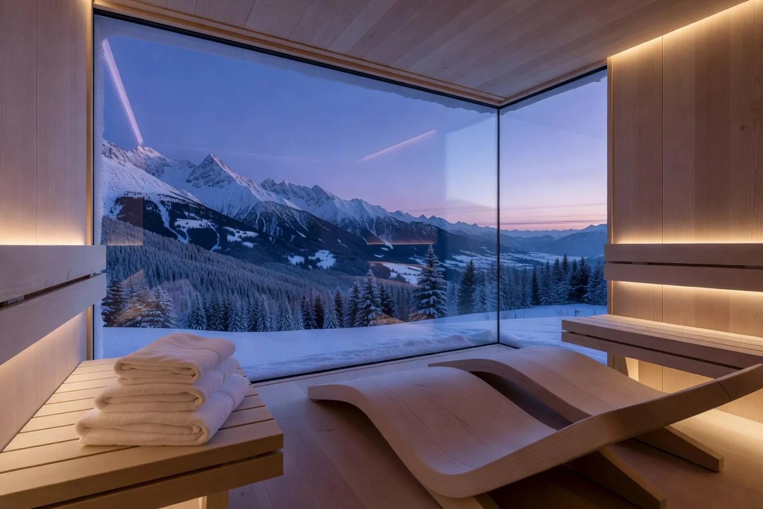 Intérieur d'une banya premium moderne avec bar à thé et zone de repos, ambiance chaleureuse pensée pour une clientèle haut de gamme