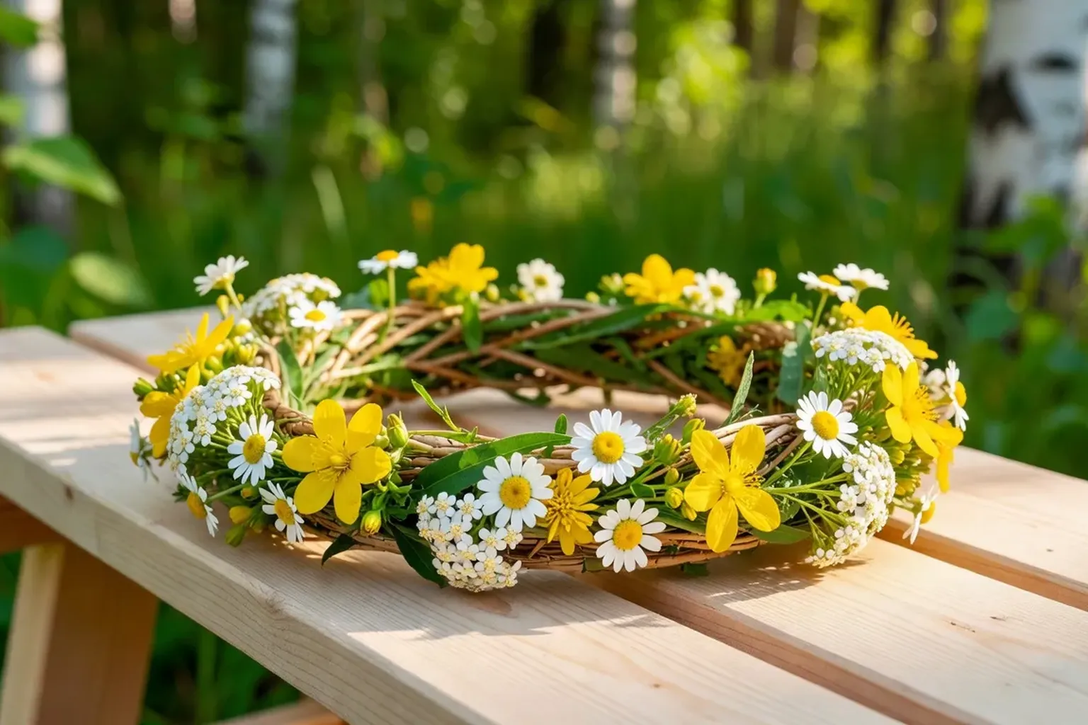 Couronne de fleurs sauvages posée sur un banc de banya en bouleau, fond de forêt verte floue