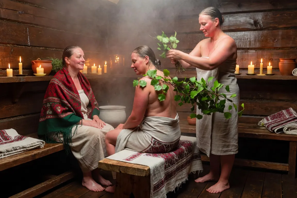 Plateau en bois avec un veniki de bouleau noué d'un ruban rouge, fleurs séchées et petite pièce brodée — objets rituels féminins, lumière de bougie