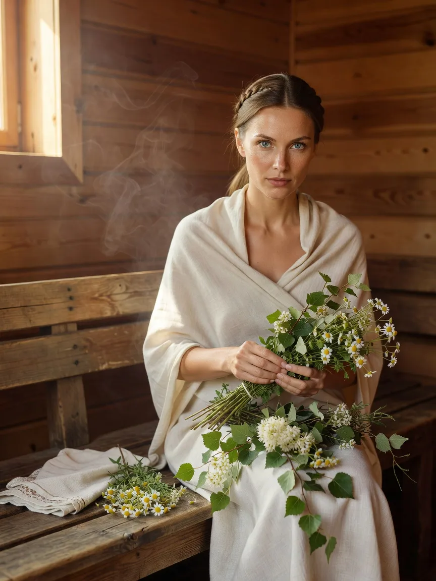 Femme assemblant un veniki d'herbes de bouleau, tilleul et camomille sur un banc de banya traditionnelle en bois