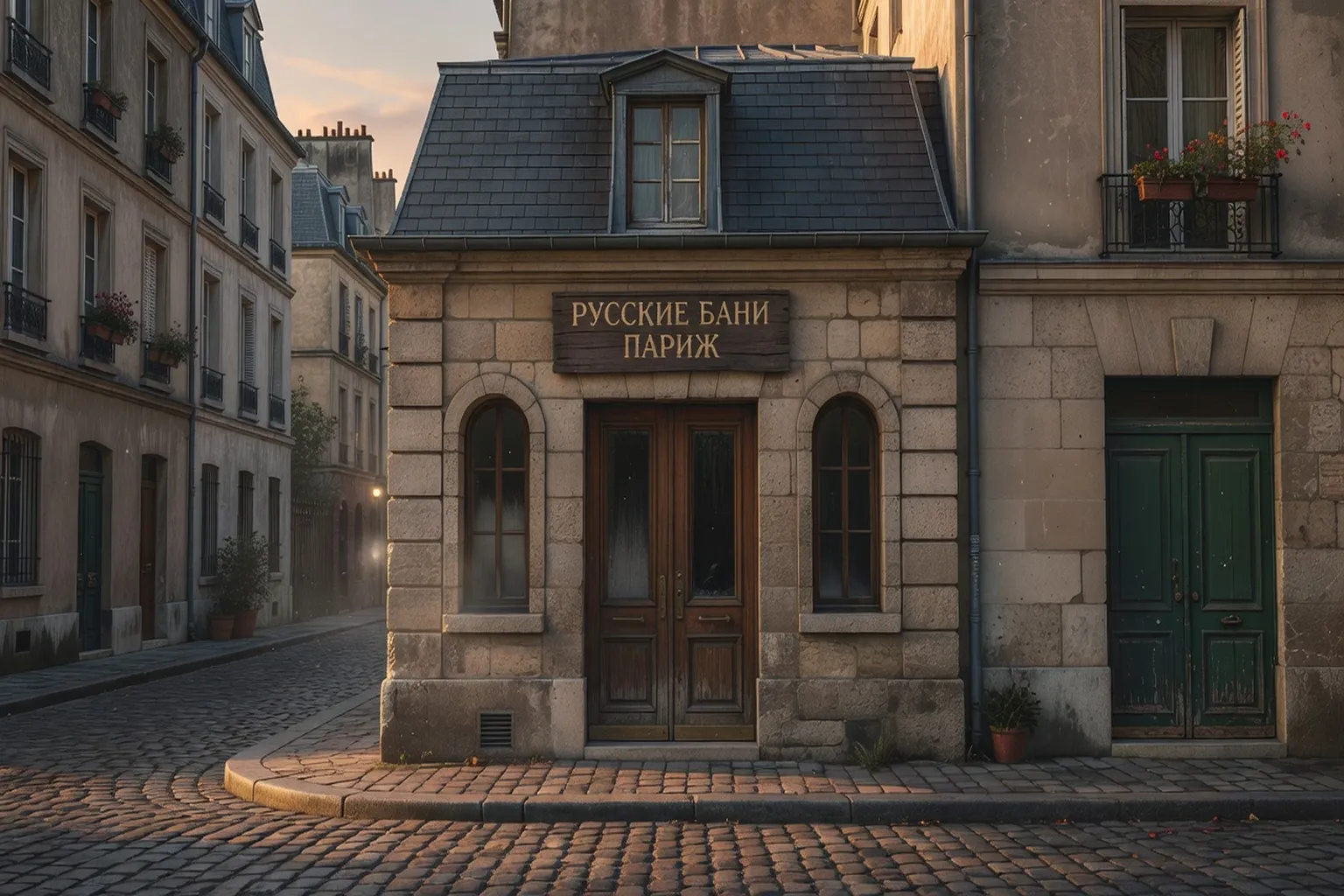 Façade discrète d'un établissement de bains russes parisien — devanture sobre avec lettres cyrilliques, ambiance de quartier