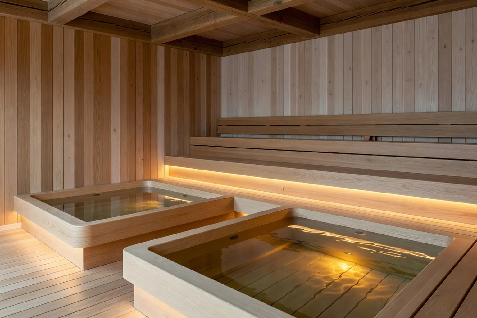 Intérieur d'une banya en France — bassins et bancs en bois naturel, éclairage chaleureux, style mixte russe-contemporain