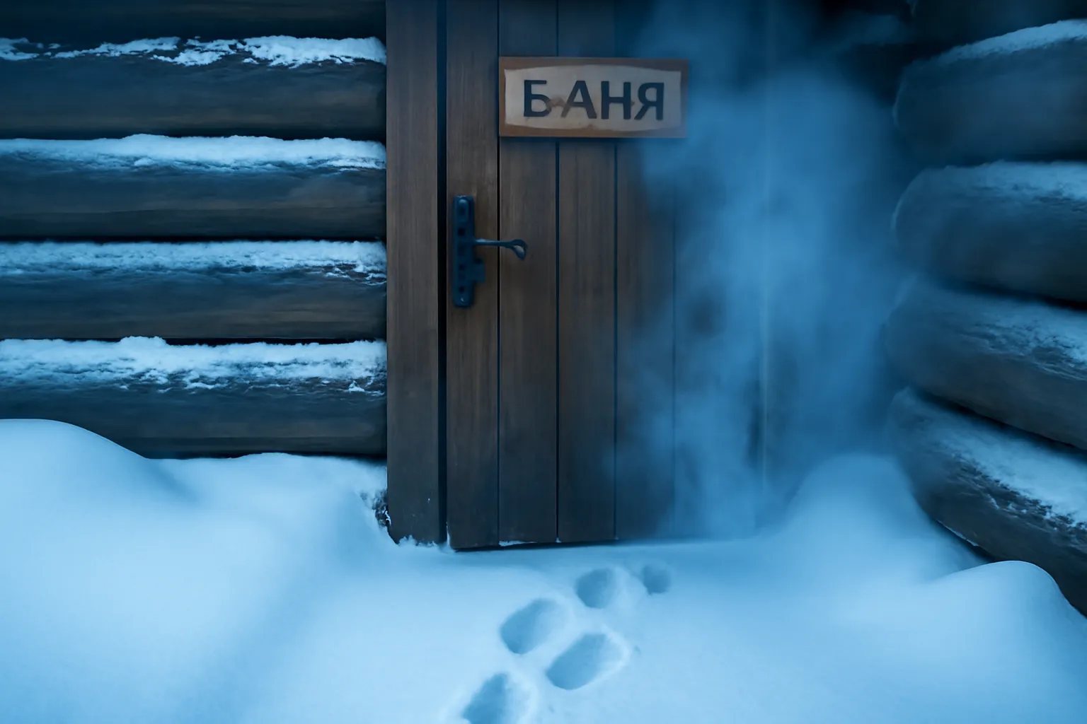 Porte en bois d'une banya russe couverte de neige avec panneau signalétique et vapeur s'échappant