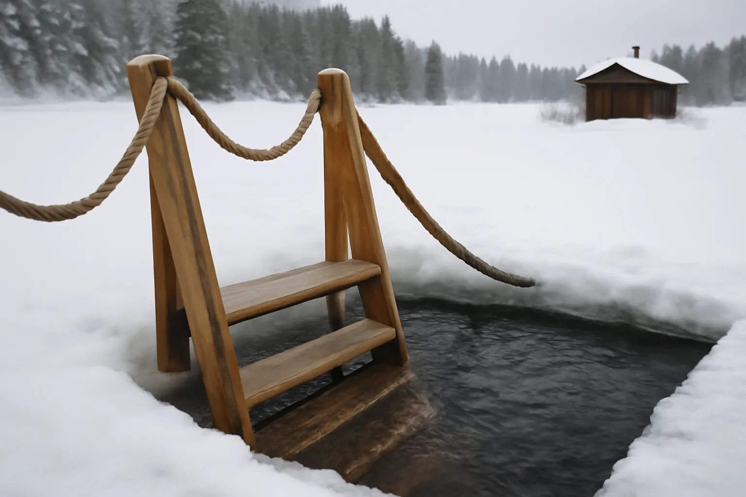 Escalier en bois traditionnel finlandais descendant dans un trou creusé dans un lac gelé