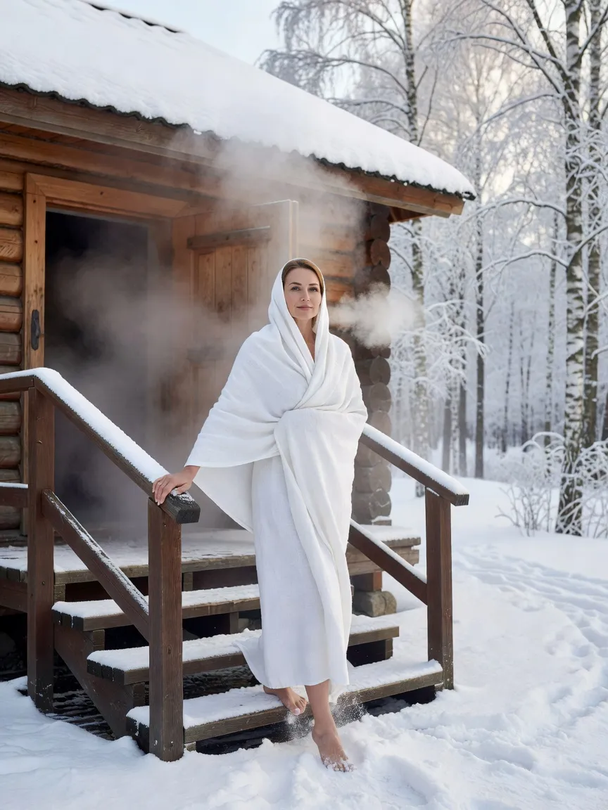 Femme russe enveloppée dans un drap de bain sortant d'une banya enneigée avant l'immersion dans le froid