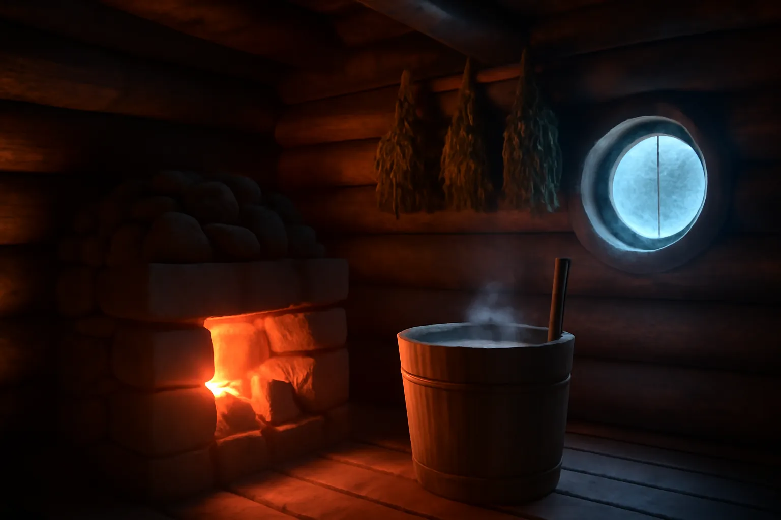 Intérieur d'une banya iakoute en rondins de mélèze, kamenka couronnée de pierres, vapeur dense et lumière chaude tamisée