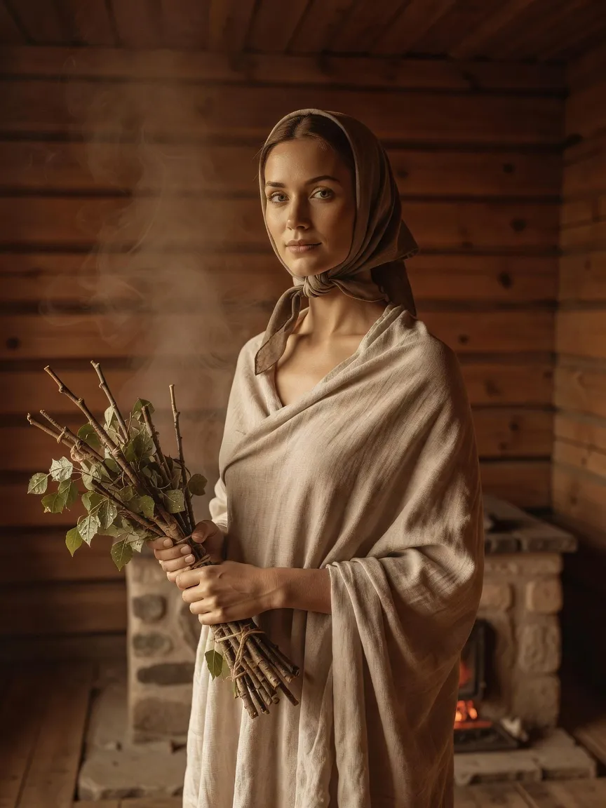 Femme russe en fichu et drap de lin tenant un bouquet de bouleau devant le poêle d'une banya traditionnelle, ambiance peinture réaliste du XIXe siècle