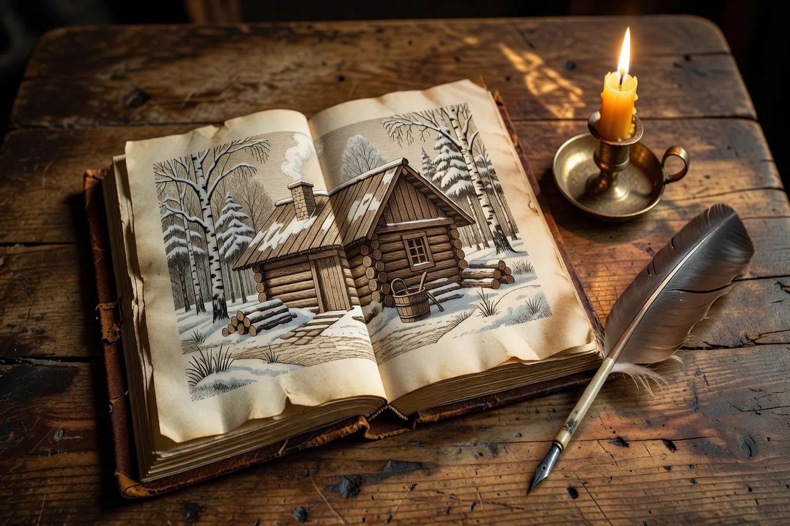 Livre ancien ouvert avec illustration gravure banya russe, plume d'époque, table en bois patiné