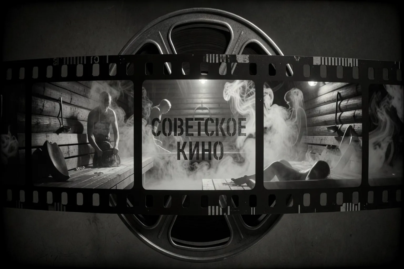 Pellicule cinématographique avec reflet d'une banya — hommage au cinéma soviétique, noir et blanc stylisé