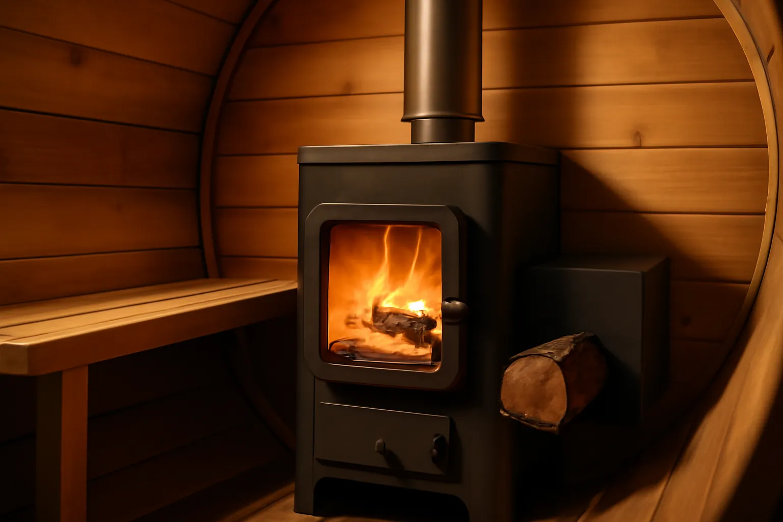 Poêle à bois compact à alimentation extérieure dans une cabine de banya mobile arrondie