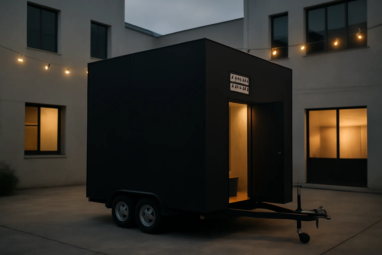Installation de bains mobile en forme de cube noir mat dans une cour urbaine, soirée