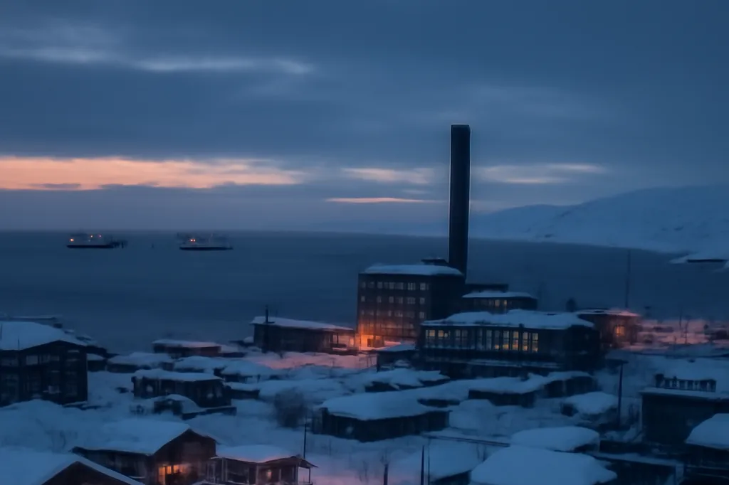 Port arctique enneigé avec bâtiments industriels et navires au loin, ciel crépusculaire de nuit polaire