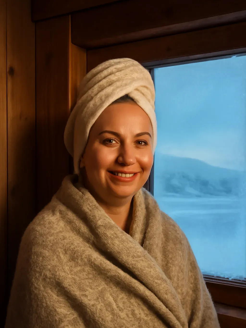 Femme russe adulte souriante enveloppée dans une serviette près d'une fenêtre de banya, paysage arctique enneigé visible à l'extérieur