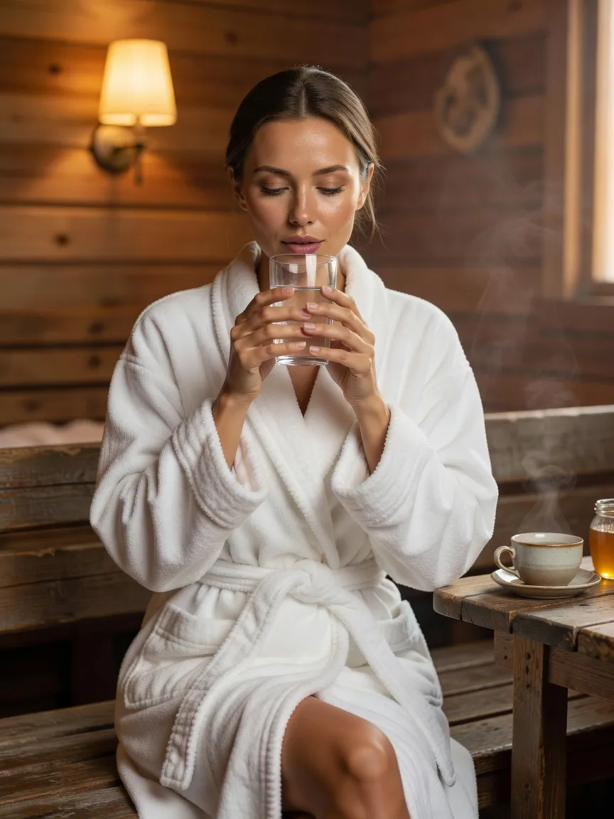 Femme enveloppée dans un peignoir buvant un verre d'eau dans la salle de repos d'une banya russe