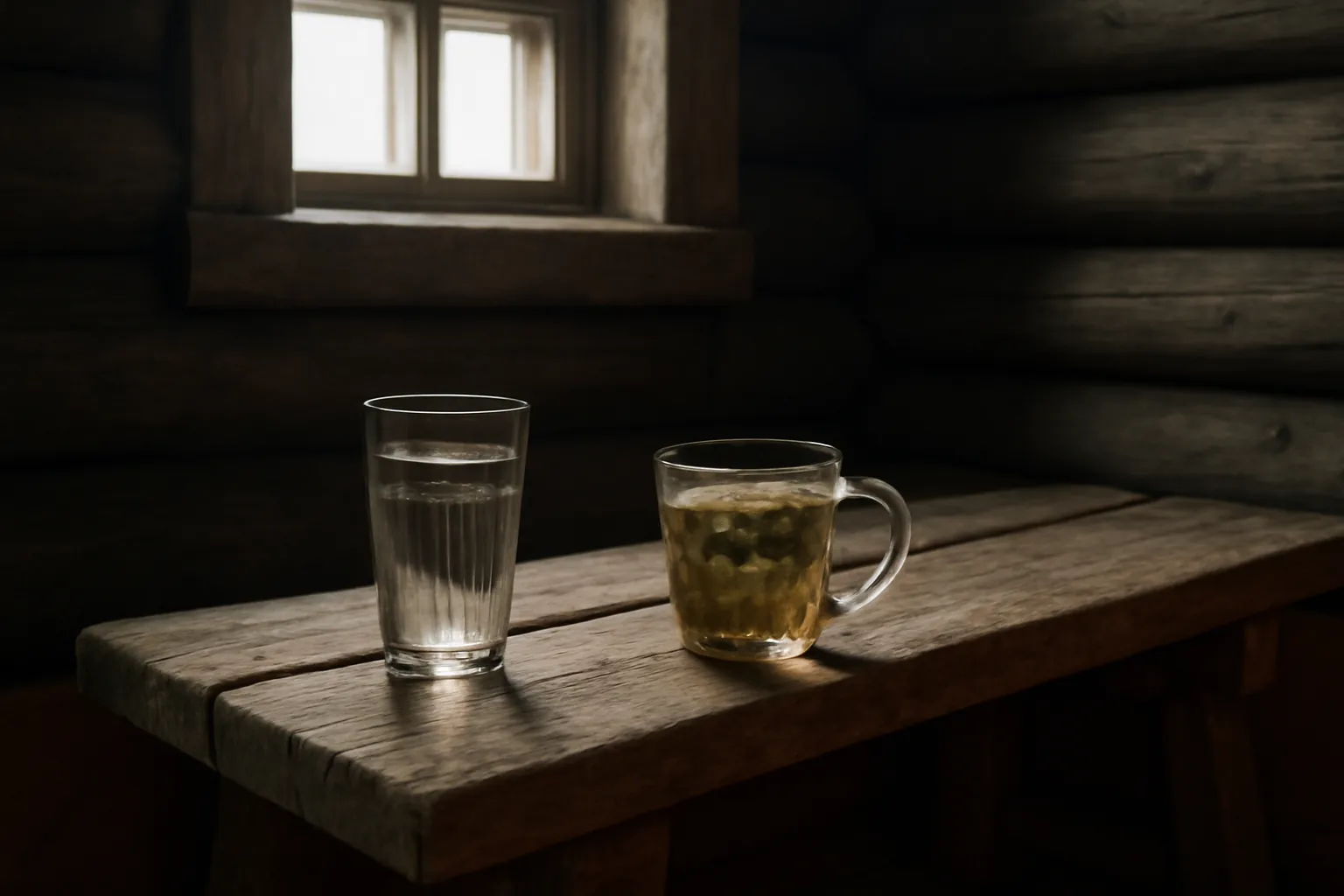 Verre d'eau et infusion posés sur un banc de bois dans une salle de repos de banya, ambiance calme