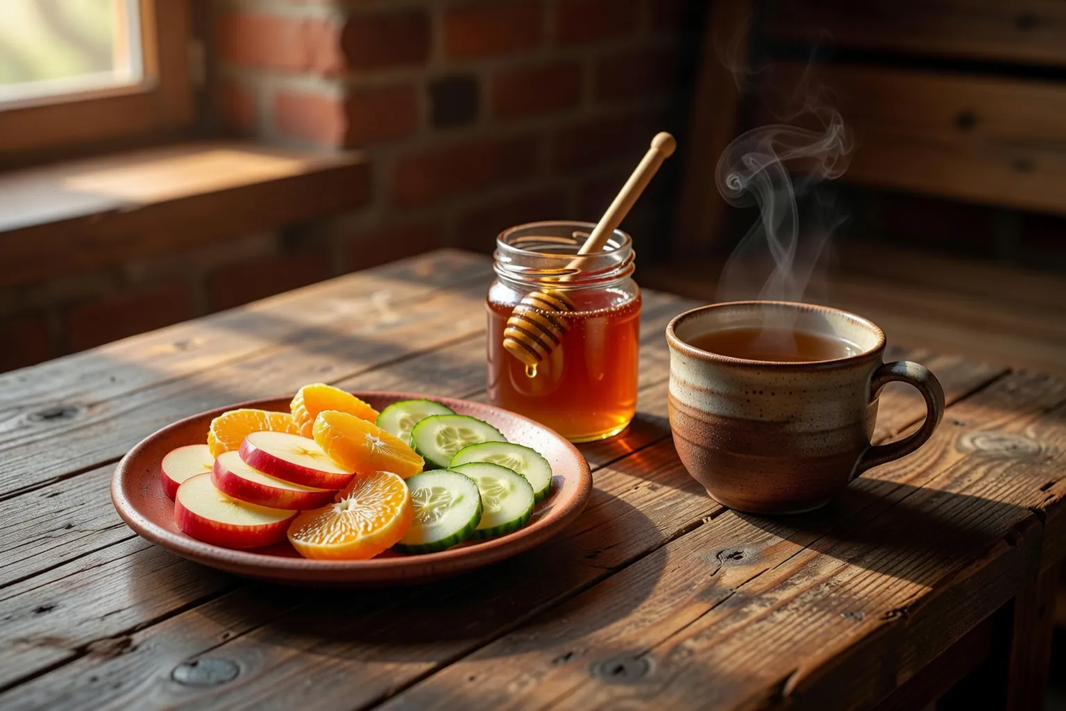 Fruits frais, miel et tisane disposés sur une table en bois après une séance de banya