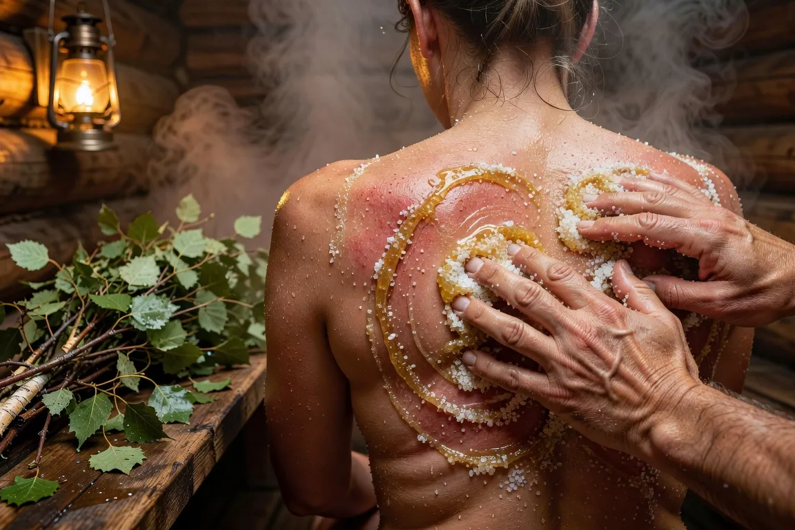 Bol en bois contenant de l'argile blanche, pétales de rose séchés et herbes sur un banc de banya
