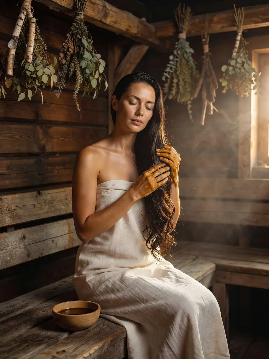 Femme russe appliquant de l'huile de bardane sur ses cheveux avant une séance de banya, ambiance vapeur et bois