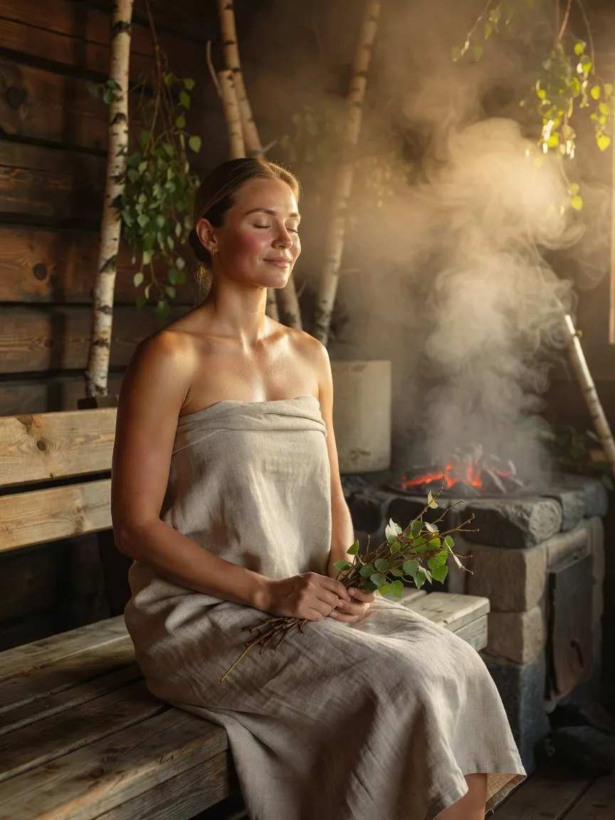Sportive en récupération post-effort dans une banya russe, enveloppée d'un drap de lin, tenant un veniki de bouleau, ambiance apaisée