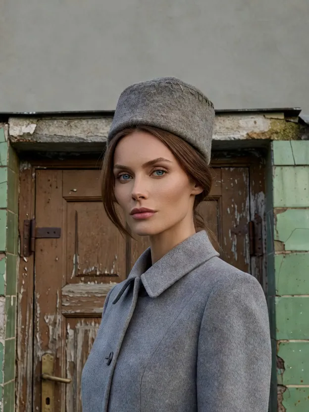 Femme russe adulte en manteau de laine grise et chapeau de feutre devant la porte en bois écaillée d'un ancien bain public municipal soviétique