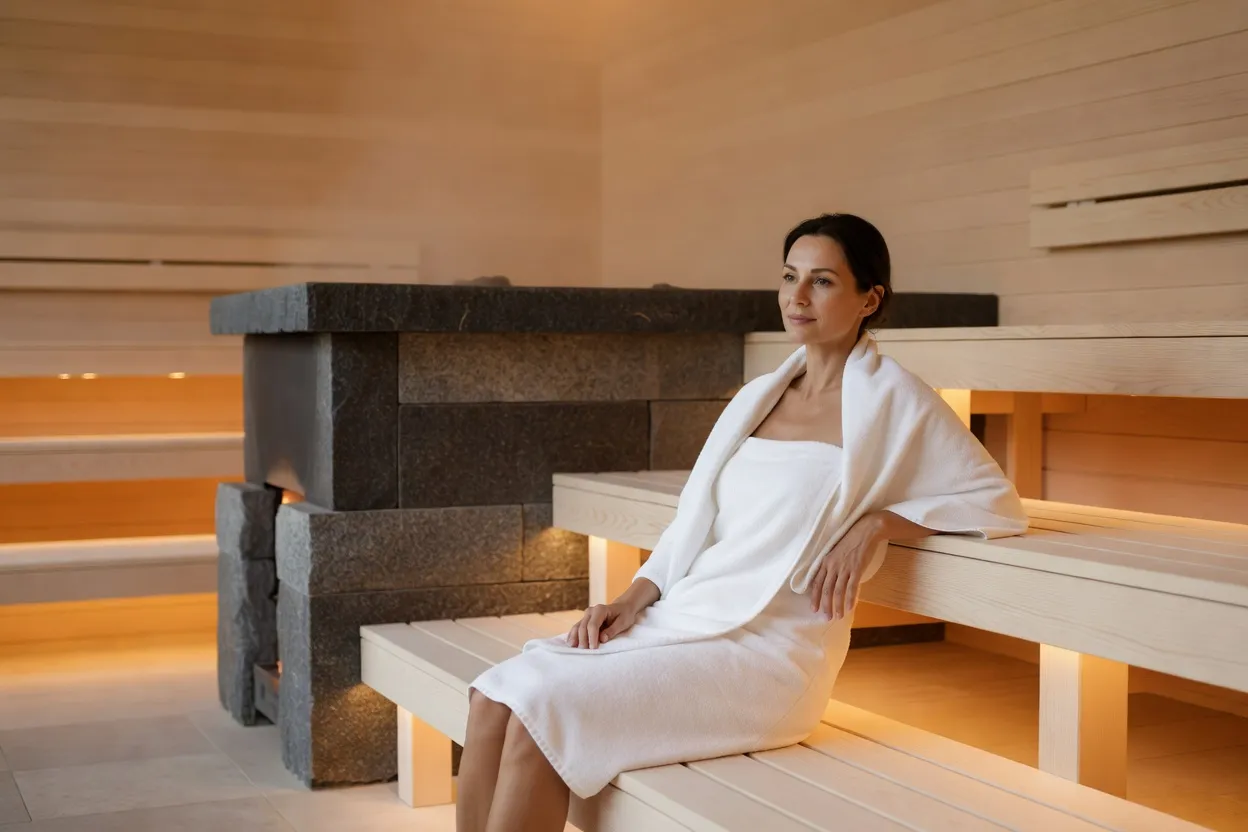 Intérieur d'un grand complexe thermal russe contemporain : gradins de bois clair, poêle de pierre et femme adulte enveloppée d'une serviette blanche assise sur un banc