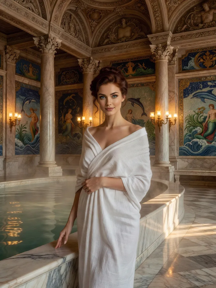 Femme enveloppée d'un drap de lin près du bassin de marbre de la Sanduny, salle de bains russe du XIXe siècle ornée de mosaïques marines