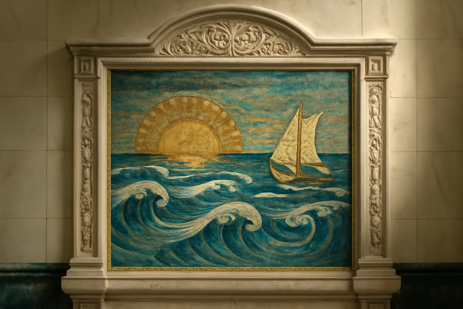 Mosaïque murale ornée représentant une scène marine dans un grand établissement de bains russe du XIXe siècle