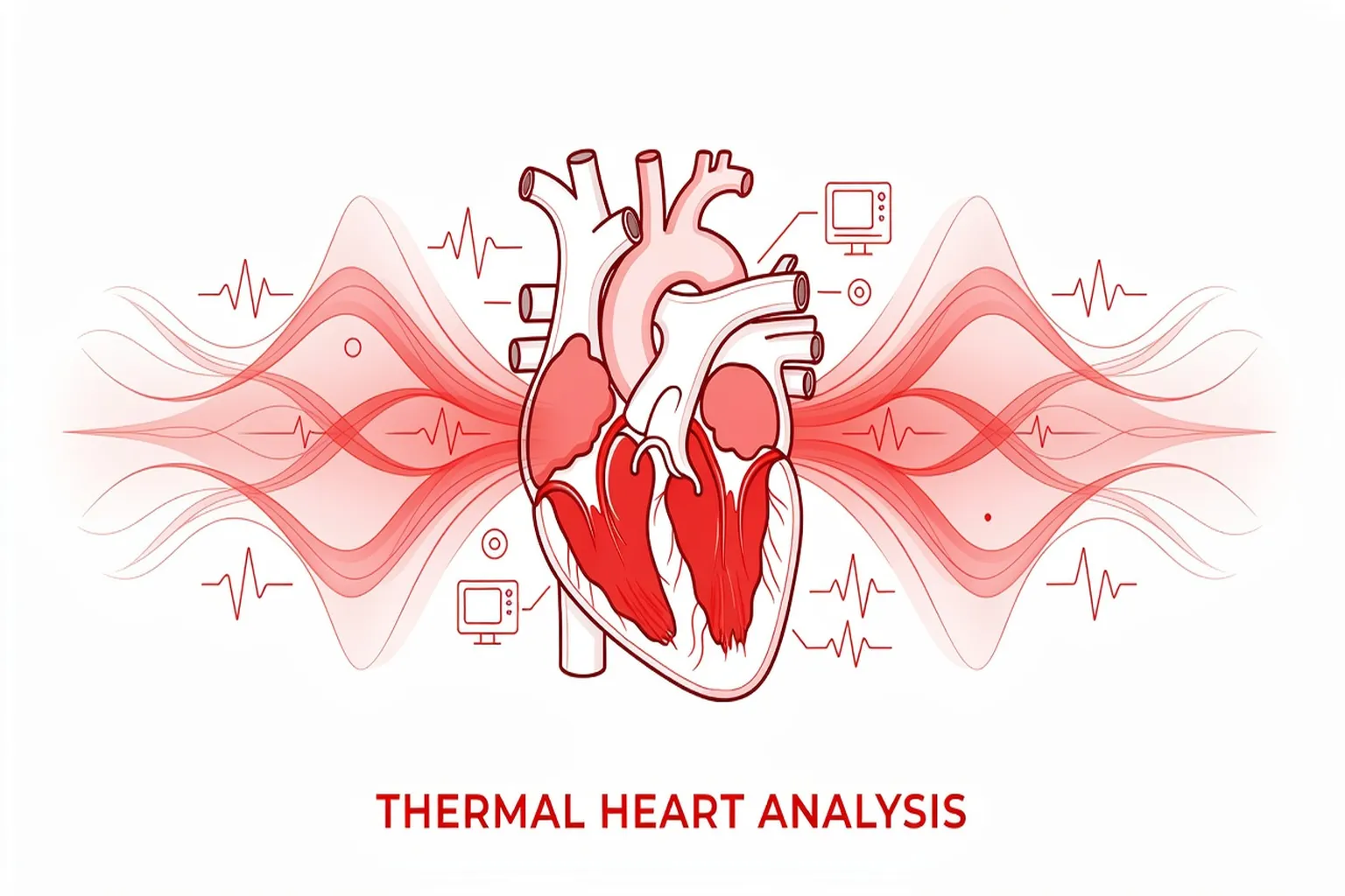 Schéma anatomique stylisé cœur avec ondes thermiques — iconographie médicale moderne, fond blanc et rouge